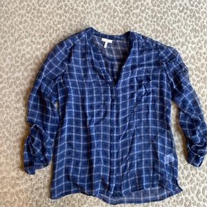 Joie Brigid Blue Check 100% Silk Sheer Button Down Blouse, size S